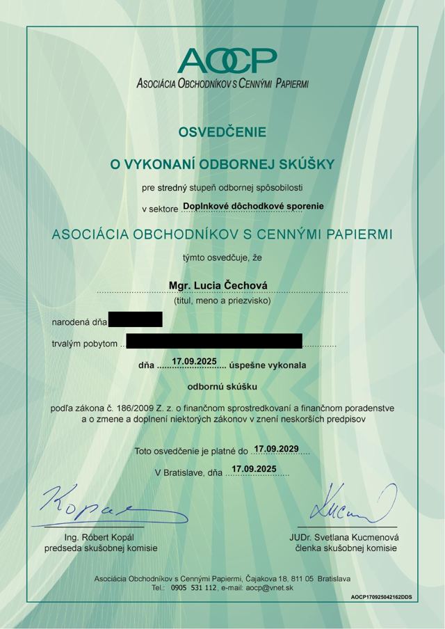 Osvedčenie — Doplnkové dôchodkové sporenie