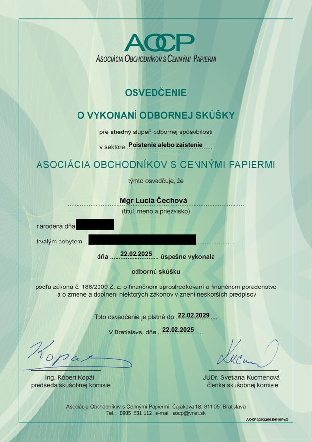 Osvedčenie — Poistenie alebo zaistenie
